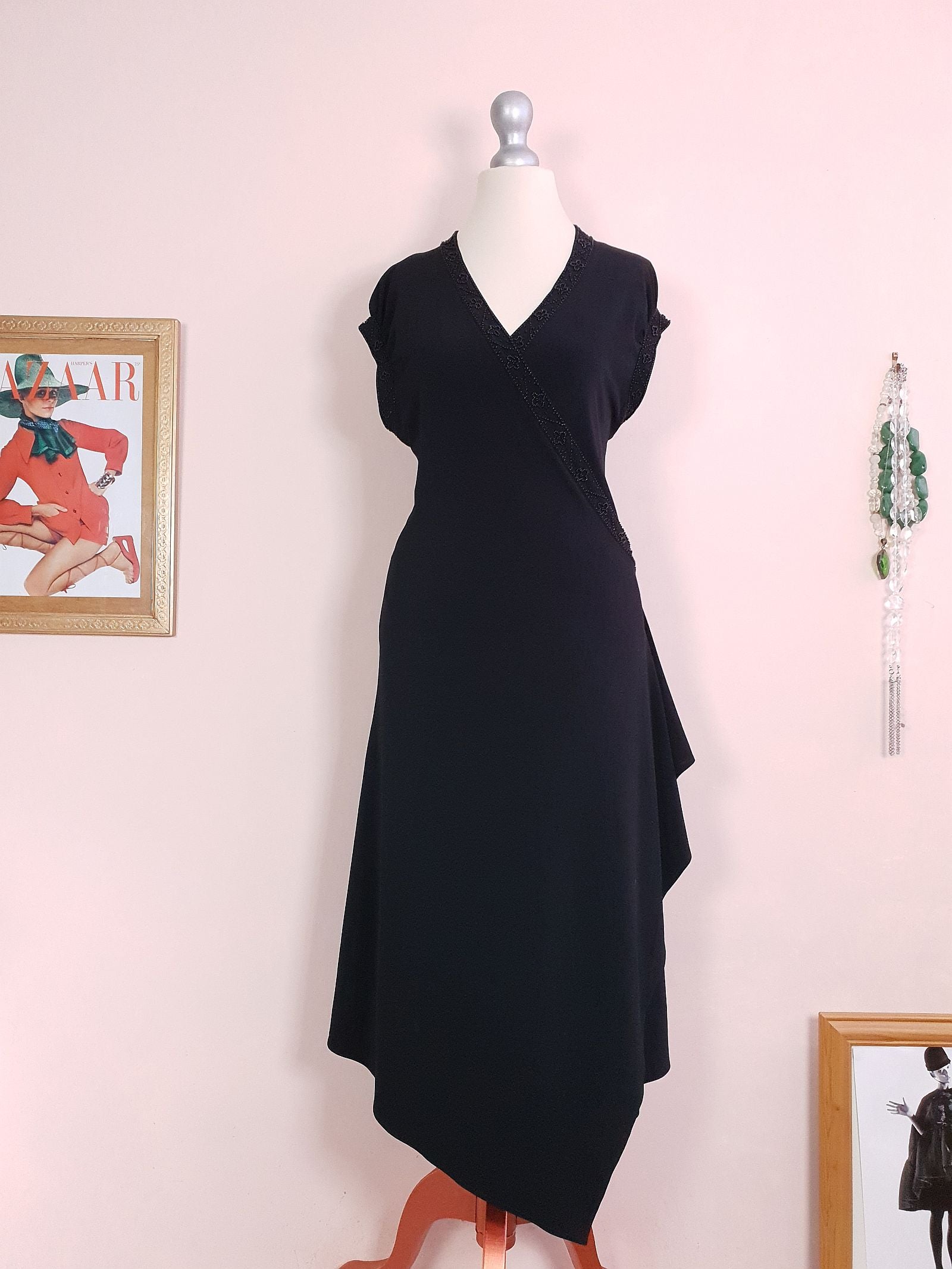 Vintage Laura Ashley Black Beaded Wrap Dress Midi Size 14 16 LBD Jardin Vintage