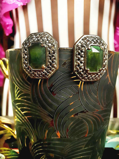 Art Deco 1920s Vintage Green Rhinestone Earrings Clip On Basket Weave