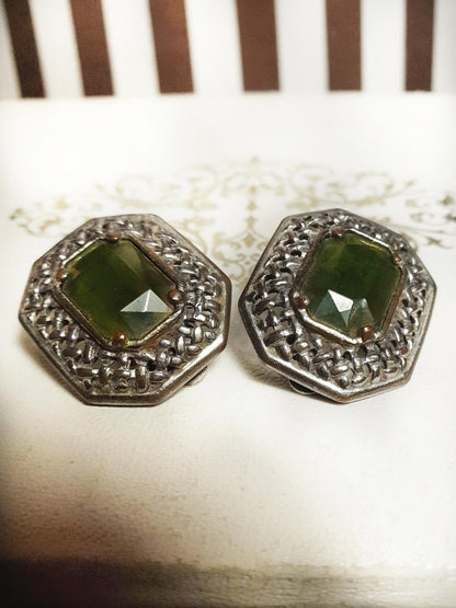 Art Deco 1920s Vintage Green Rhinestone Earrings Clip On Basket Weave