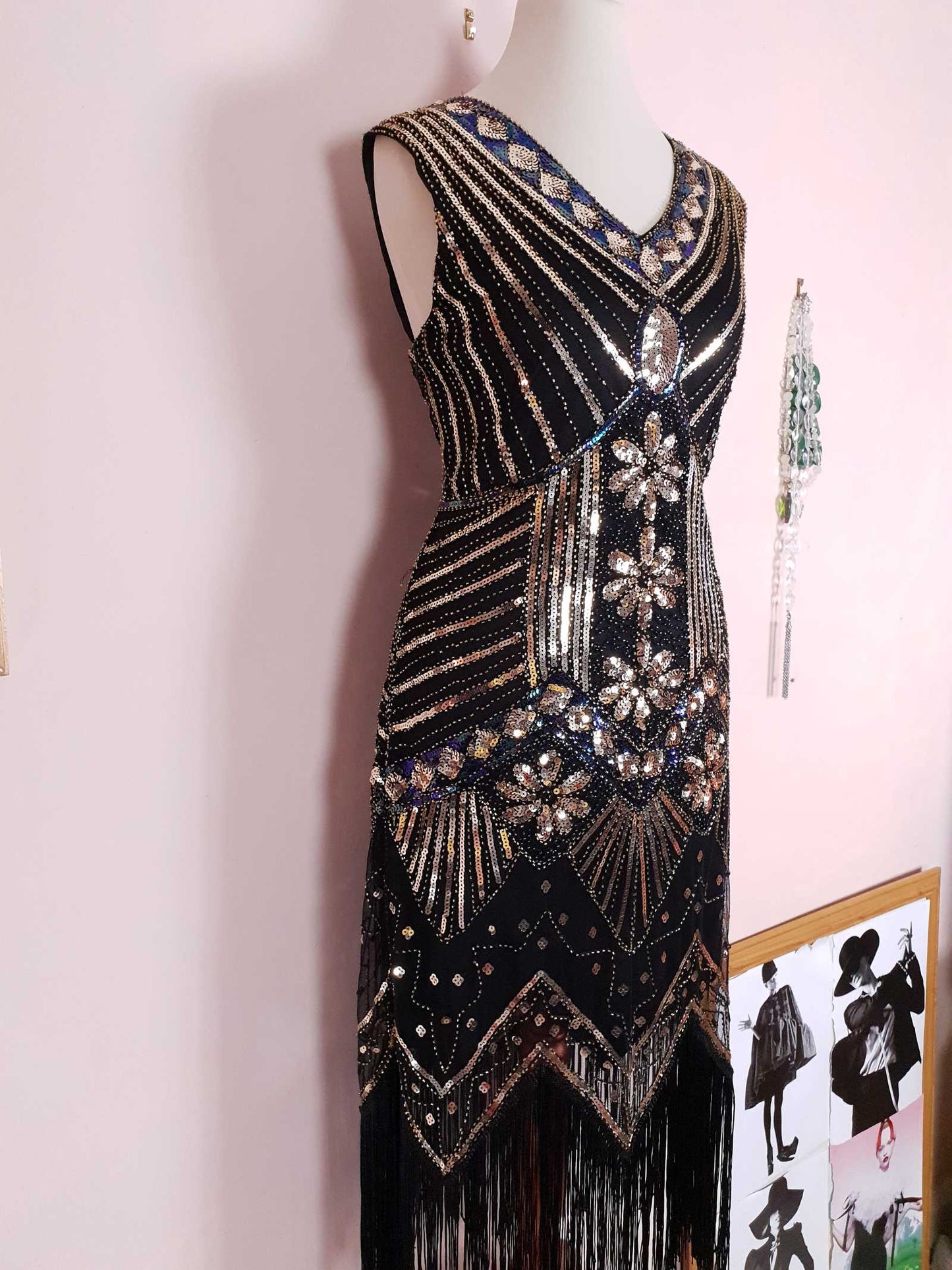 1920s Style Sequin Flapper Party Dress Fringe Midi Size 10/12 - Pre-owned