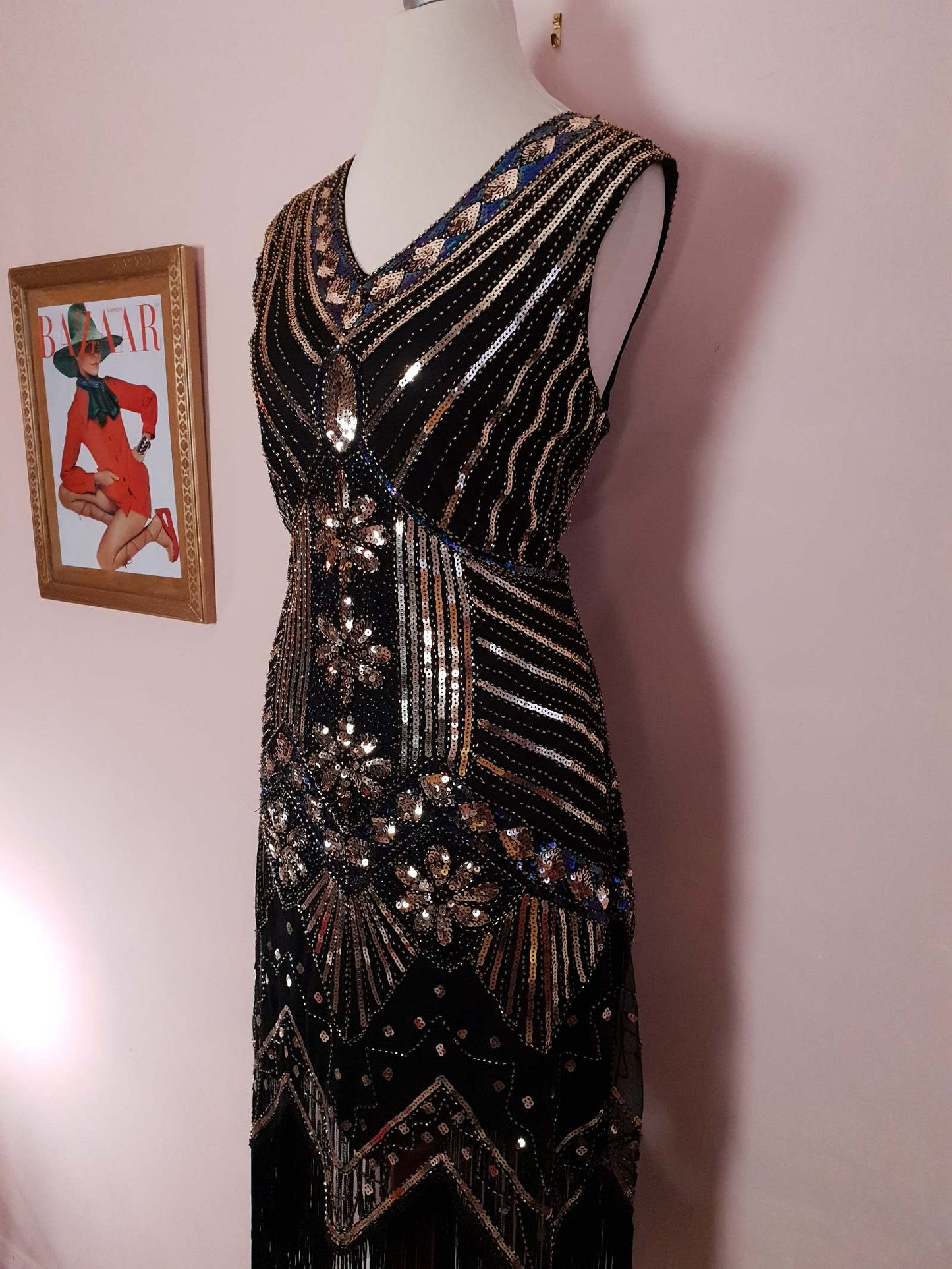 1920s Style Sequin Flapper Party Dress Fringe Midi Size 10/12 - Pre-owned