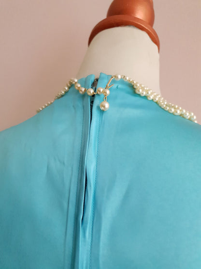 Gorgeous 1950s Blue Satin Beaded Dress Evening Gown - Size 8