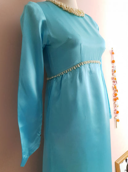 Gorgeous 1950s Blue Satin Beaded Dress Evening Gown - Size 8