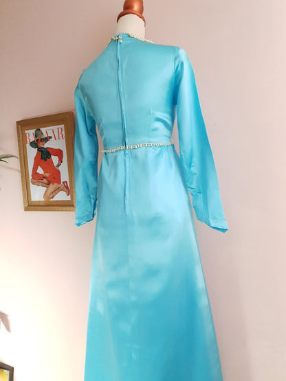 Gorgeous 1950s Blue Satin Beaded Dress Evening Gown - Size 8