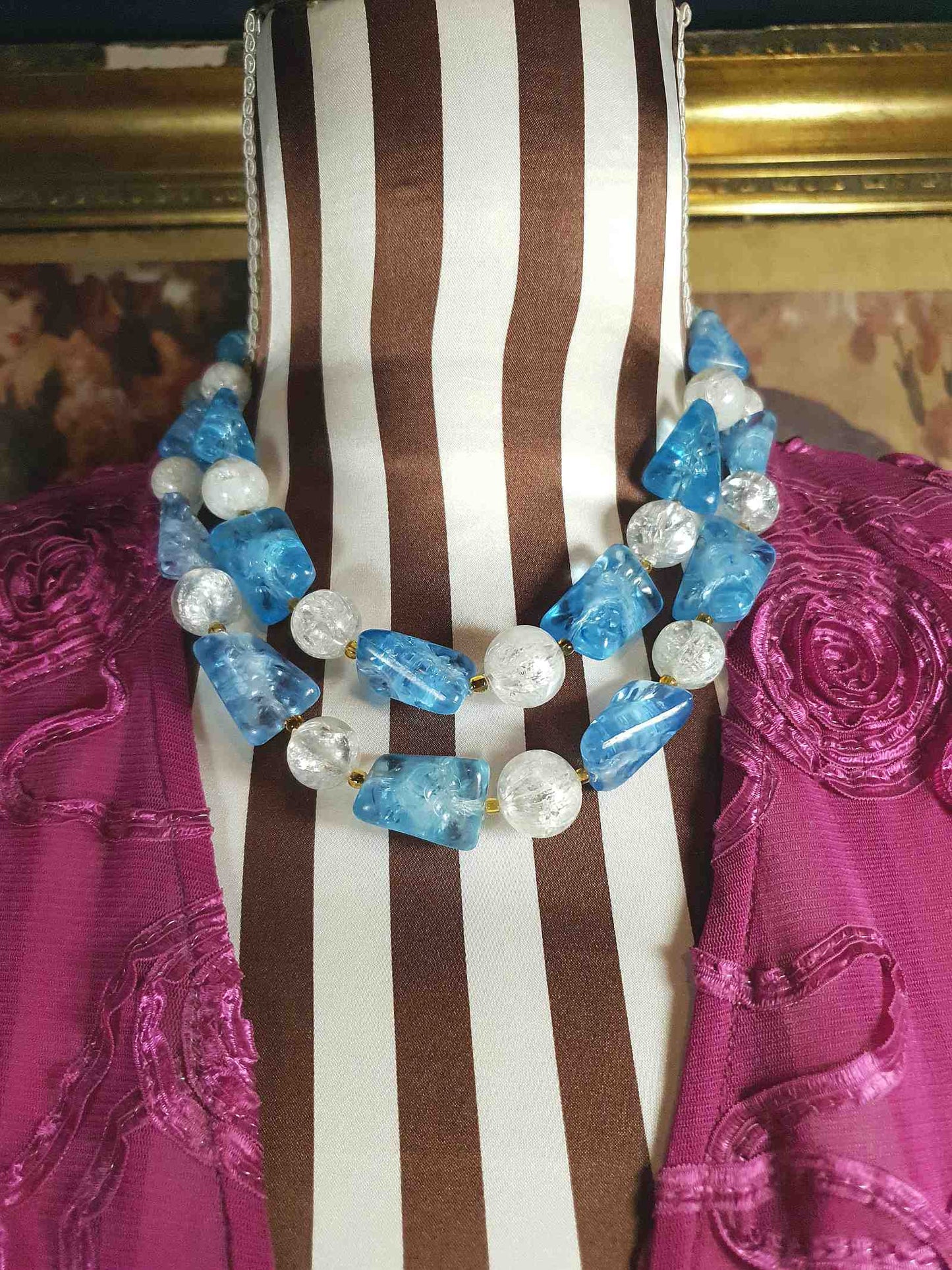 Vintage 1950s Blue & White Necklace Choker Two Tier Retro