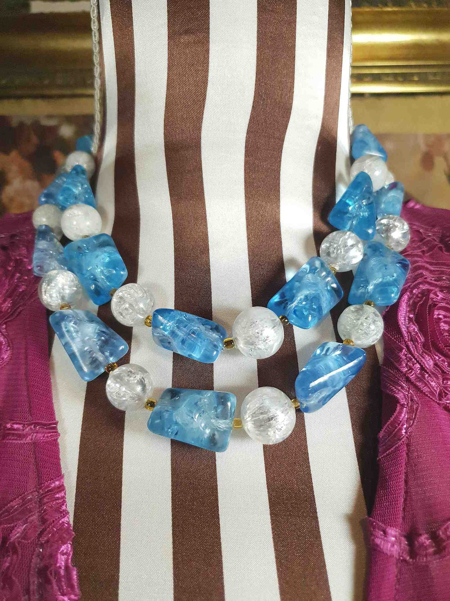 Vintage 1950s Blue & White Necklace Choker Two Tier Retro