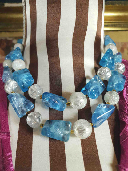 Vintage 1950s Blue & White Necklace Choker Two Tier Retro