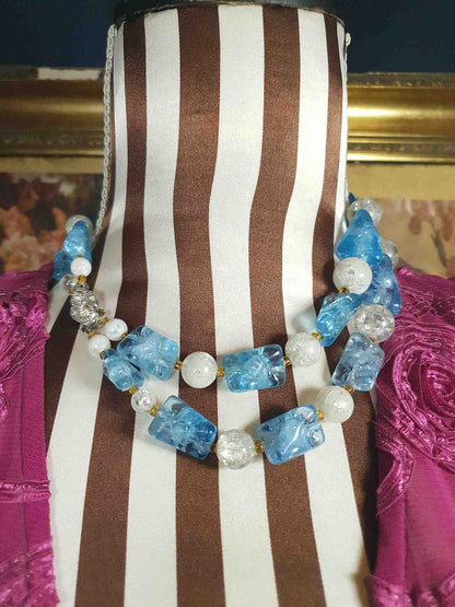 Vintage 1950s Blue & White Necklace Choker Two Tier Retro