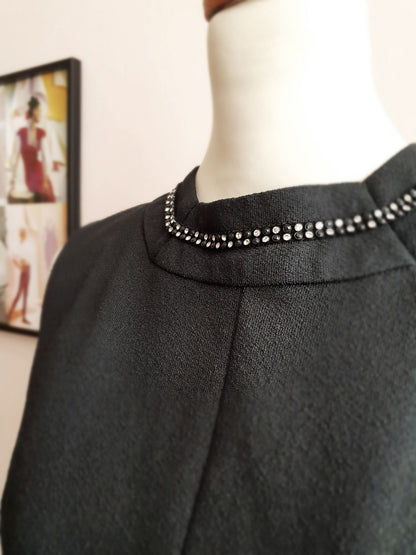 Vintage 1960s Black Mini Dress Mod LBD Rhinestone Party - Size 12