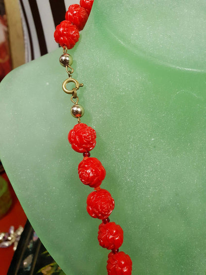 Vintage 1960s Cherry Red Necklace 24" Boho Carved Rose Resin