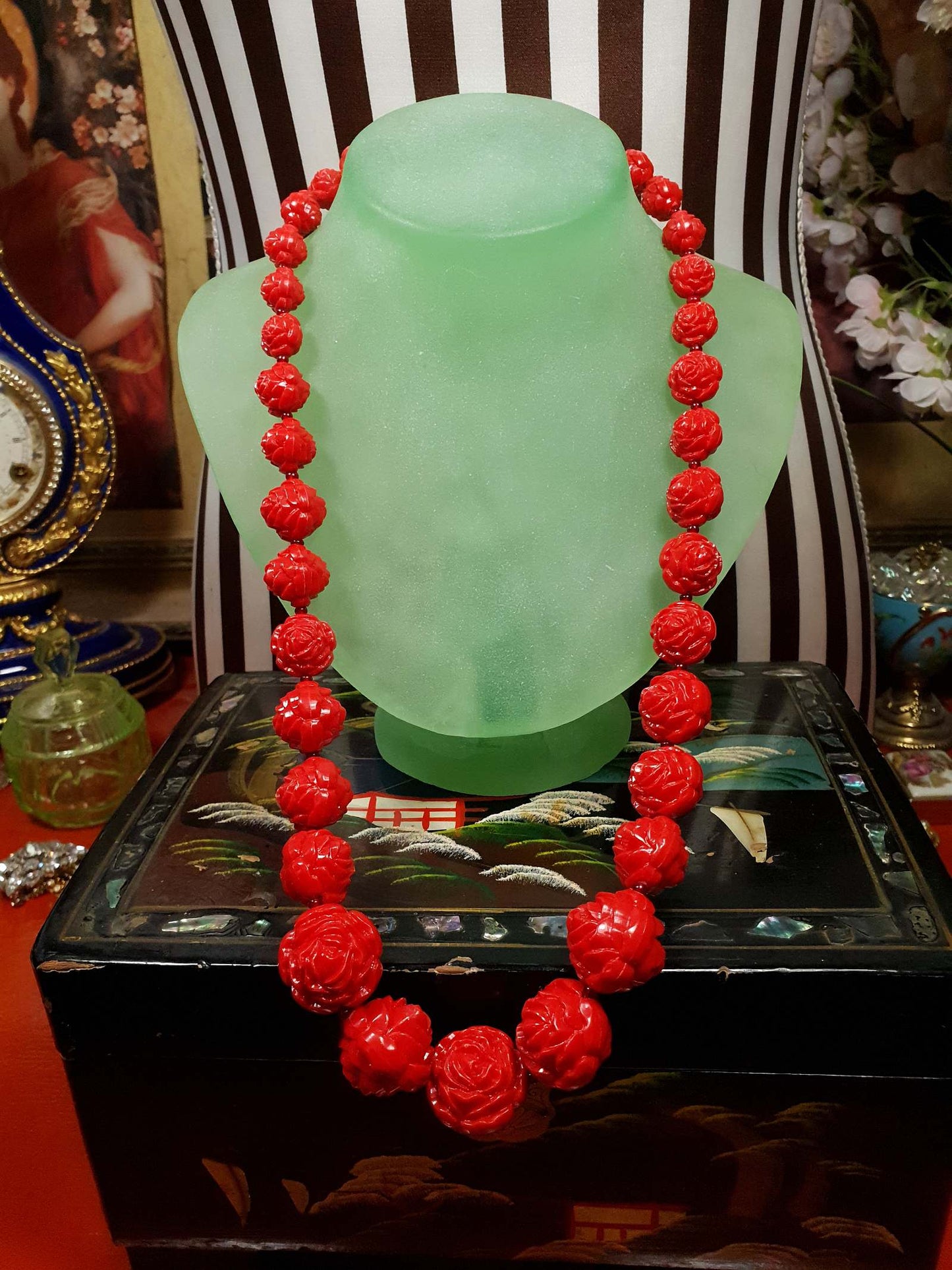 Vintage 1960s Cherry Red Necklace 24" Boho Carved Rose Resin