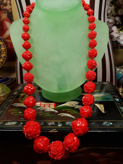 Vintage 1960s Cherry Red Necklace 24" Boho Carved Rose Resin