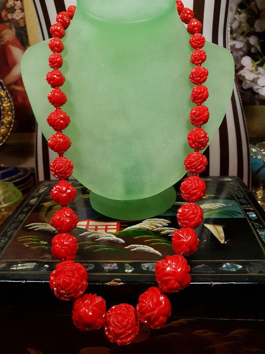 Vintage 1960s Cherry Red Necklace 24" Boho Carved Rose Resin