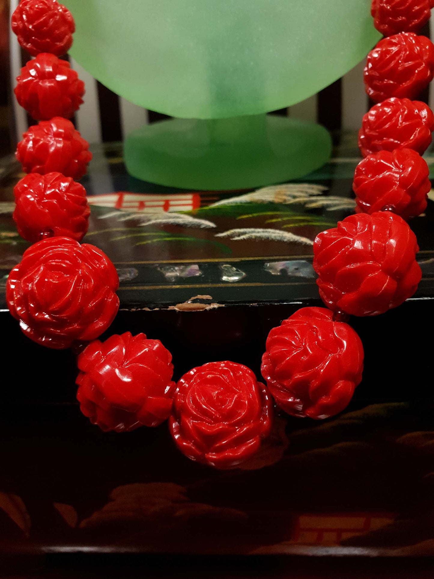 Vintage 1960s Cherry Red Necklace 24" Boho Carved Rose Resin