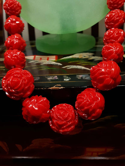 Vintage 1960s Cherry Red Necklace 24" Boho Carved Rose Resin