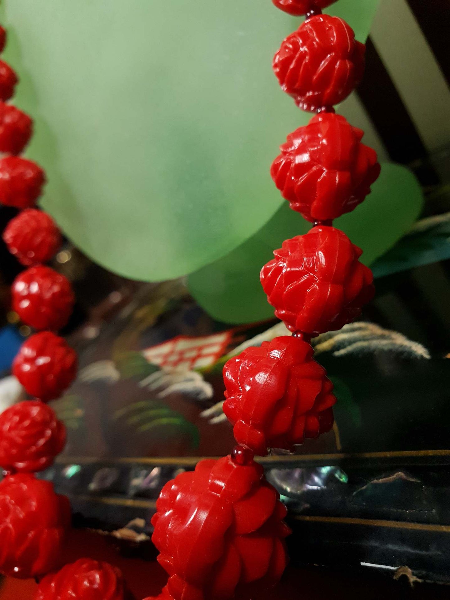 Vintage 1960s Cherry Red Necklace 24" Boho Carved Rose Resin