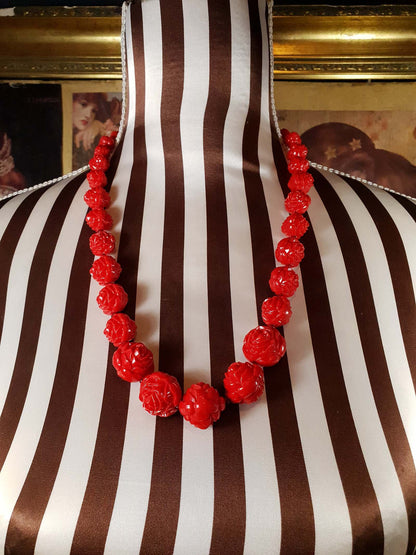 Vintage 1960s Cherry Red Necklace 24" Boho Carved Rose Resin