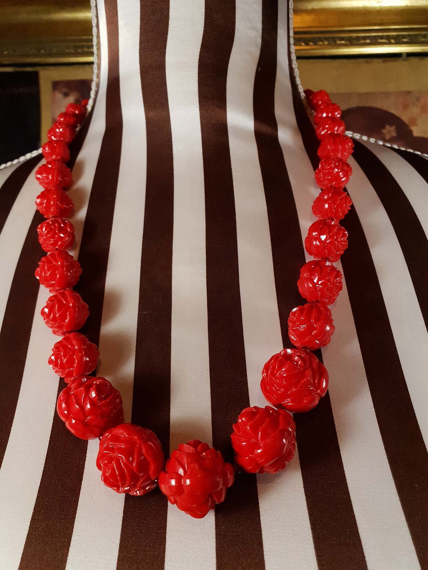 Vintage 1960s Cherry Red Necklace 24" Boho Carved Rose Resin