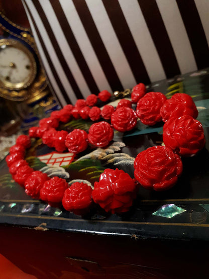 Vintage 1960s Cherry Red Necklace 24" Boho Carved Rose Resin