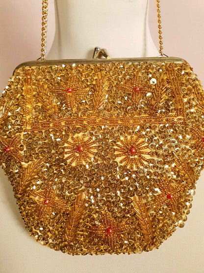 Vintage 1960s Gold Evening Bag Bead Sequin Handbag Party