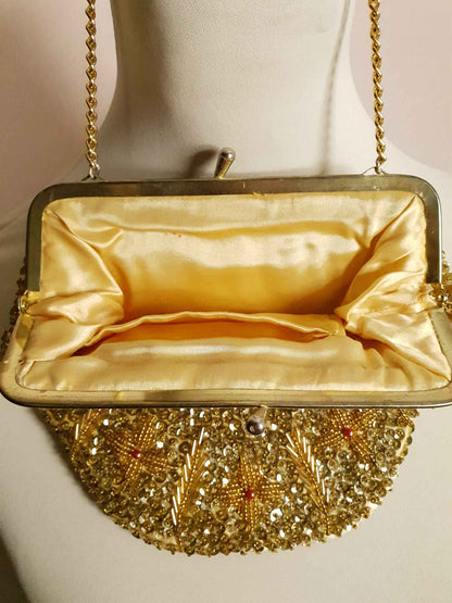 Vintage 1960s Gold Evening Bag Bead Sequin Handbag Party