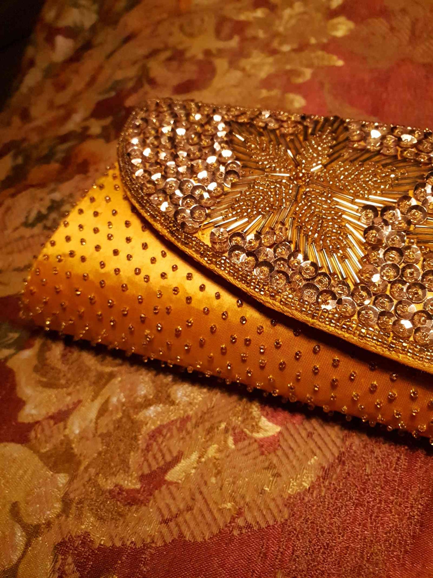 Beautiful Vintage 1960s Orange Satin Beaded Baguette Clutch Bag