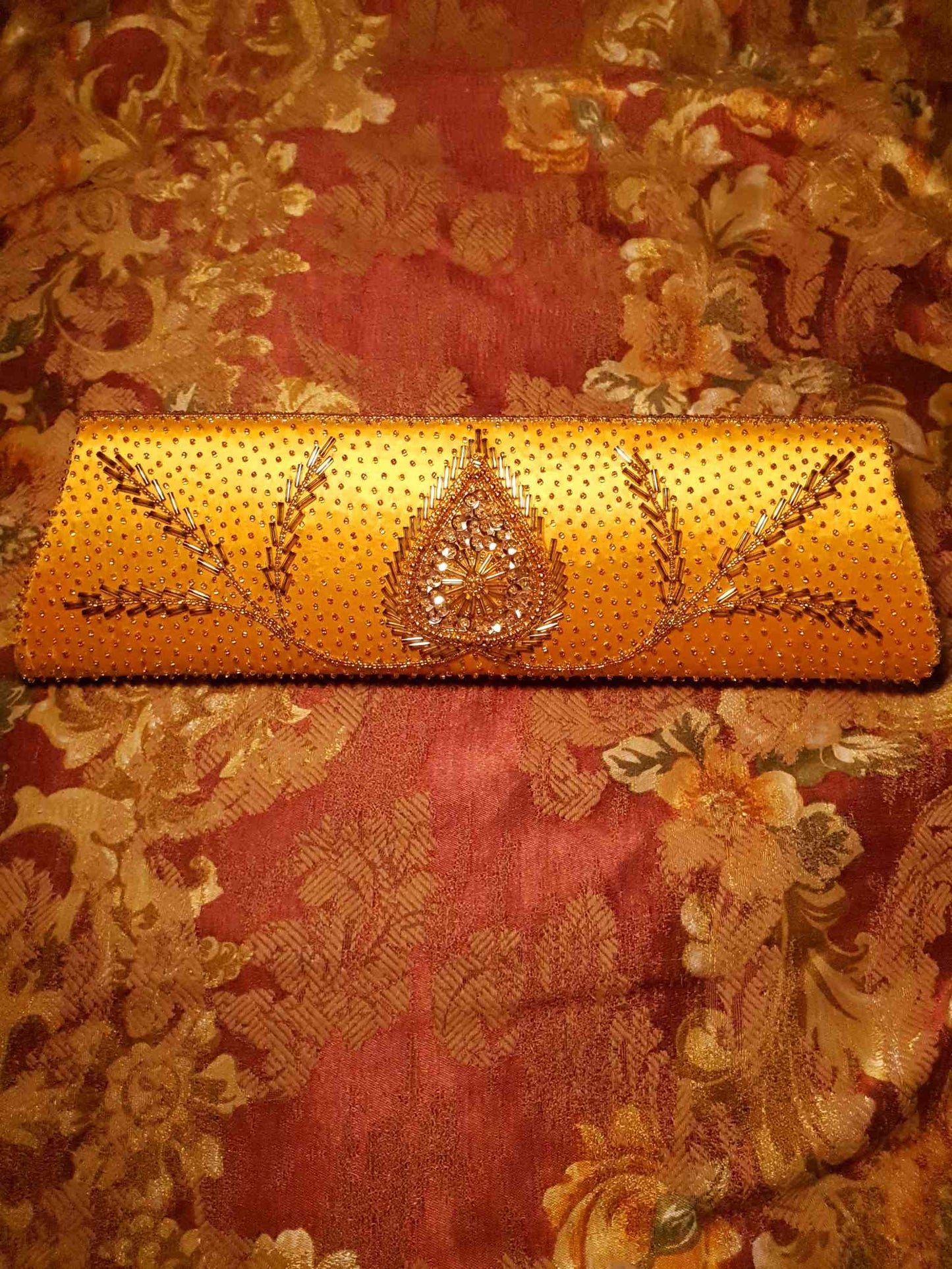 Beautiful Vintage 1960s Orange Satin Beaded Baguette Clutch Bag