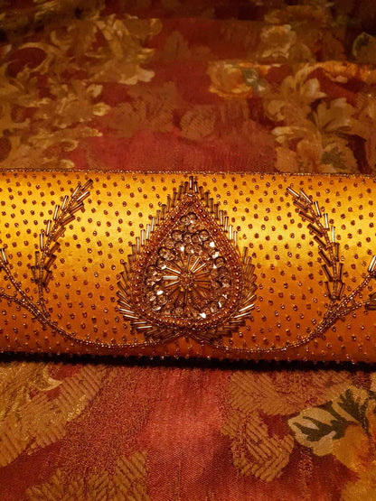 Beautiful Vintage 1960s Orange Satin Beaded Baguette Clutch Bag