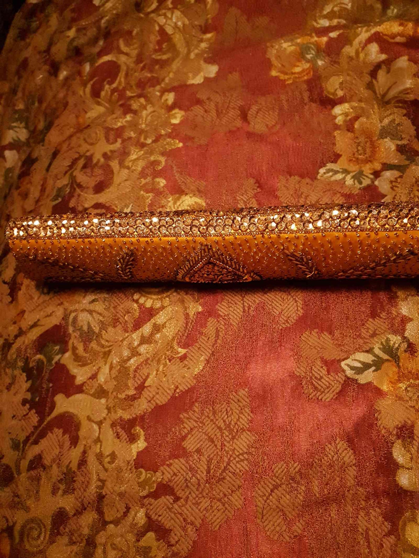 Beautiful Vintage 1960s Orange Satin Beaded Baguette Clutch Bag