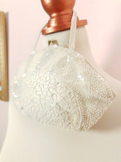 Stunning Sparkly Vintage 1960s White Beaded Evening Bag