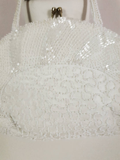 Stunning Sparkly Vintage 1960s White Beaded Evening Bag