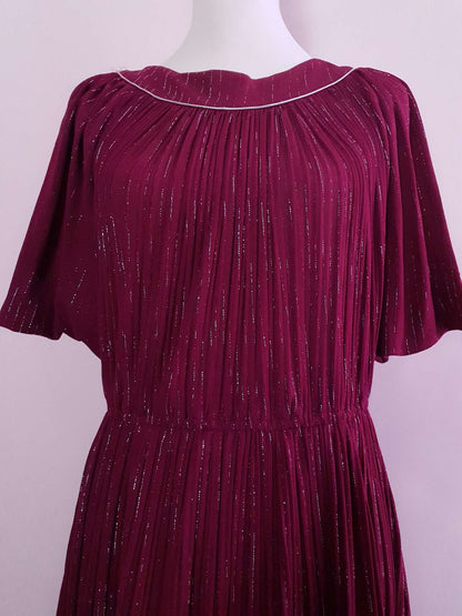 Burgundy Red Midi Dress 1970s  - Sparkle Batwing Sleeves Size 16