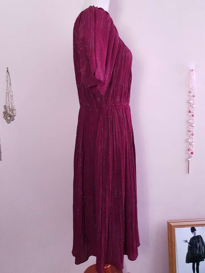 Burgundy Red Midi Dress 1970s  - Sparkle Batwing Sleeves Size 16