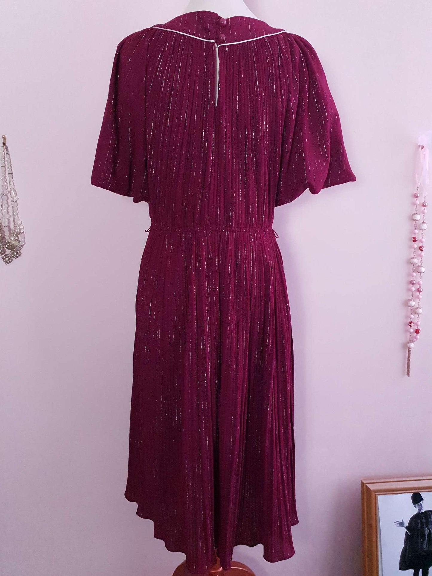 Burgundy Red Midi Dress 1970s  - Sparkle Batwing Sleeves Size 16