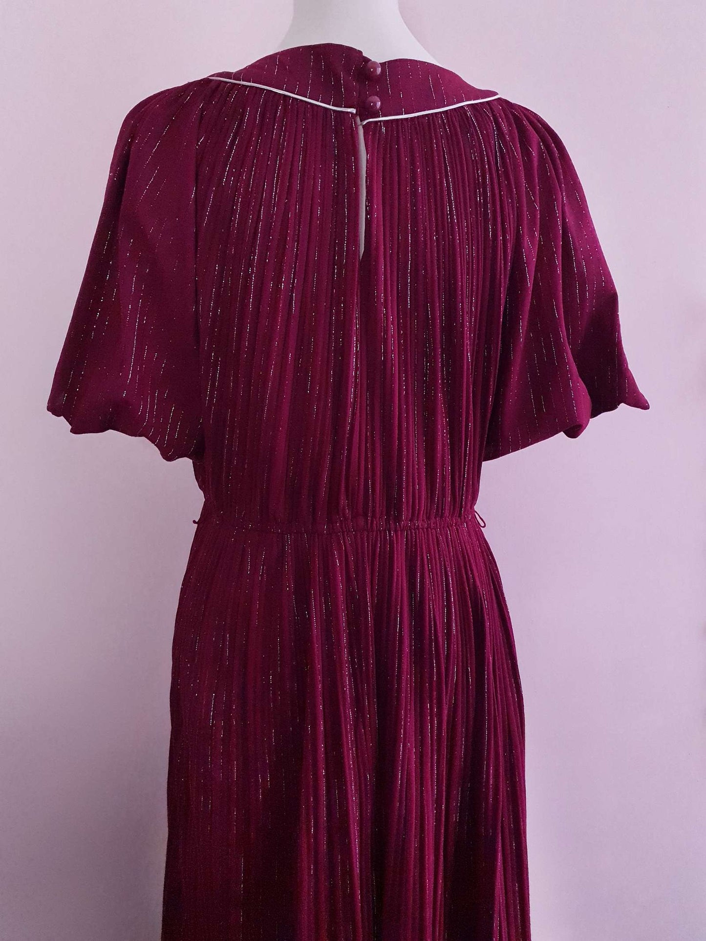 Burgundy Red Midi Dress 1970s  - Sparkle Batwing Sleeves Size 16