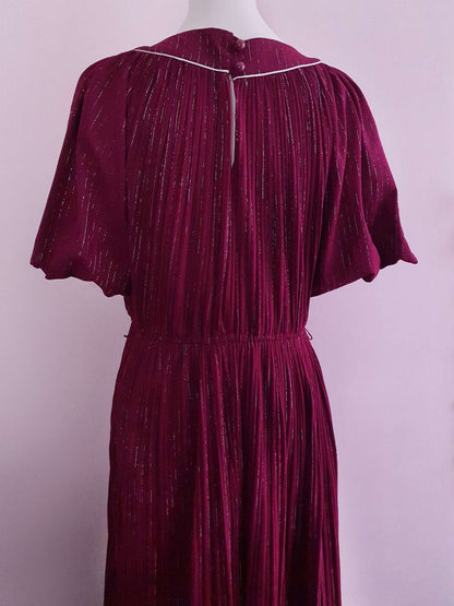 Burgundy Red Midi Dress 1970s  - Sparkle Batwing Sleeves Size 16