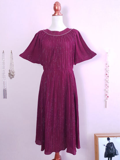 Burgundy Red Midi Dress 1970s  - Sparkle Batwing Sleeves Size 16