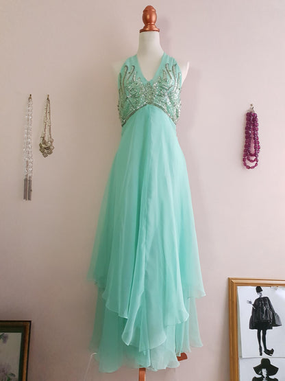 Beautiful 1970s Mint Chiffon Beading Evening Gown Cocktail Dress & Cape - Size 16