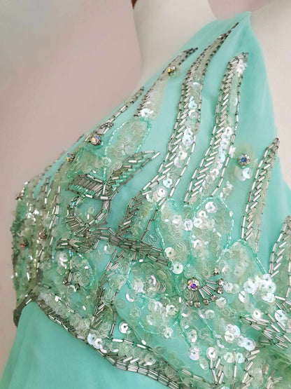 Beautiful 1970s Mint Chiffon Beading Evening Gown Cocktail Dress & Cape - Size 16