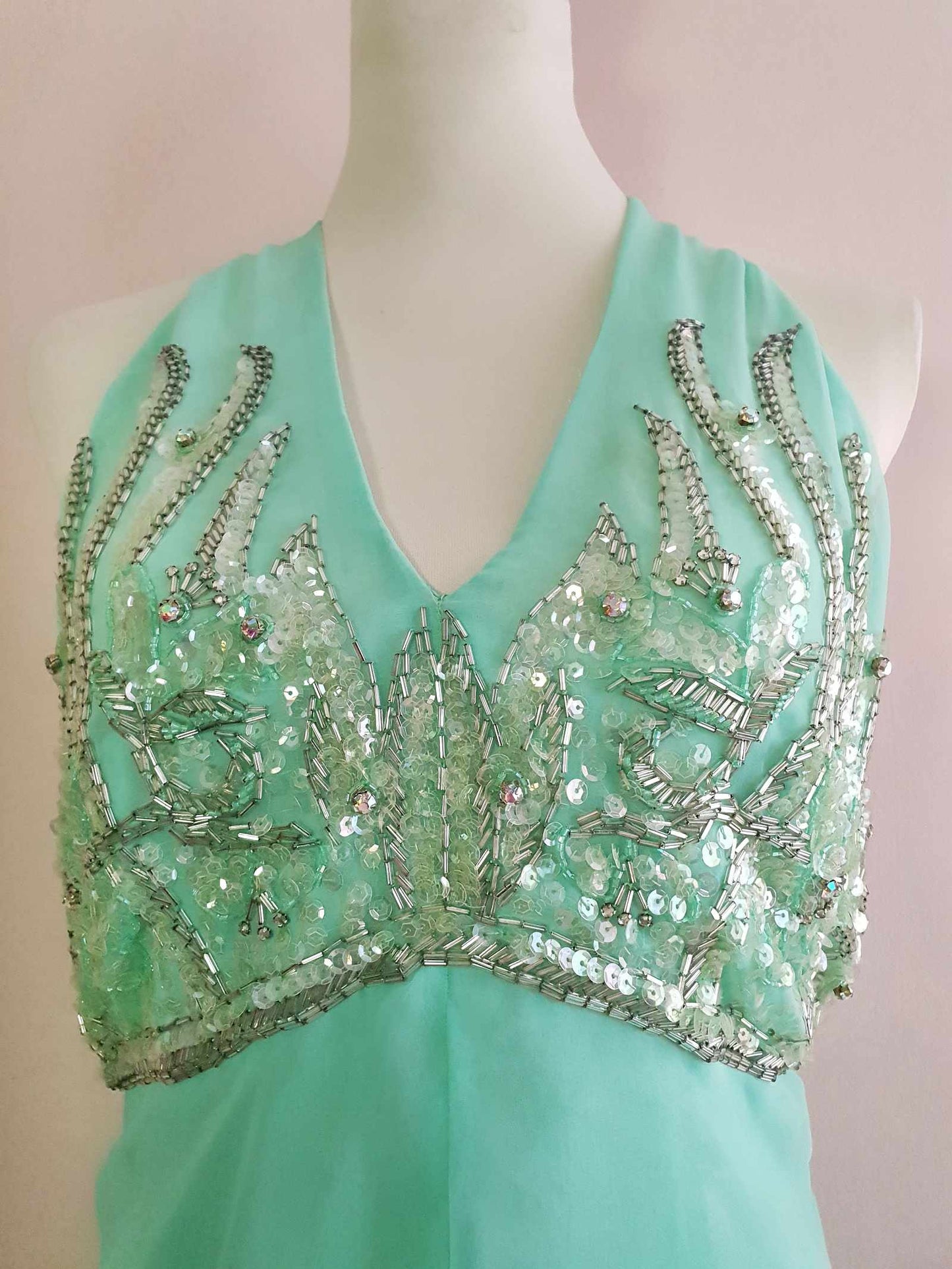 Beautiful 1970s Mint Chiffon Beading Evening Gown Cocktail Dress & Cape - Size 16