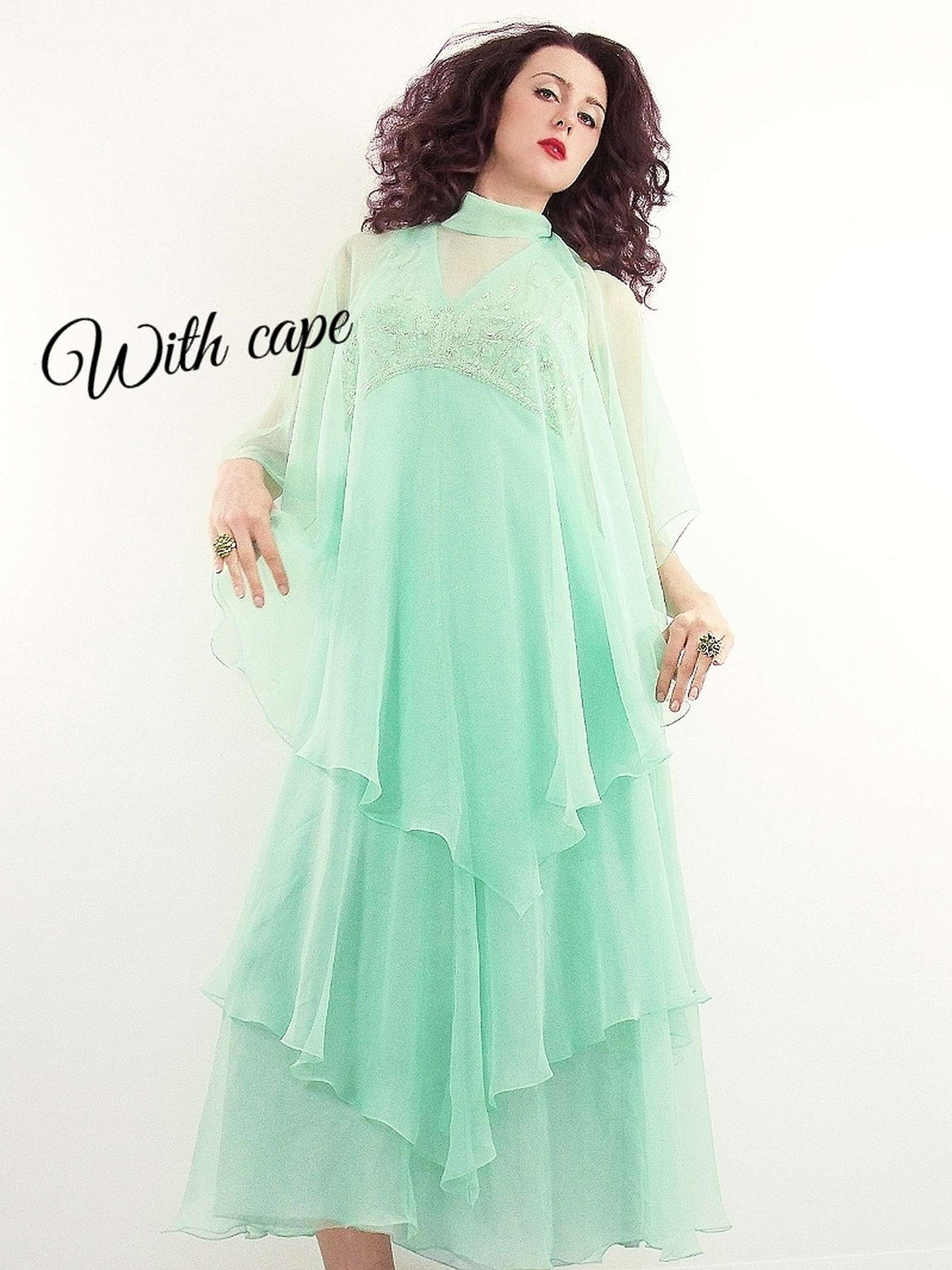 Beautiful 1970s Mint Chiffon Beading Evening Gown Cocktail Dress & Cape - Size 16