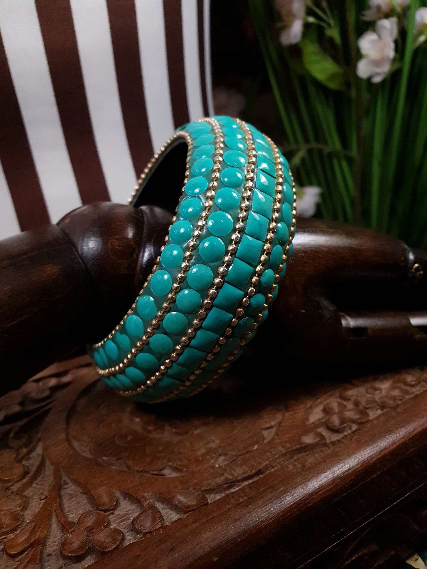 Vintage 1970s Boho Bangle Bracelet Turquoise Ceramic Bohemian