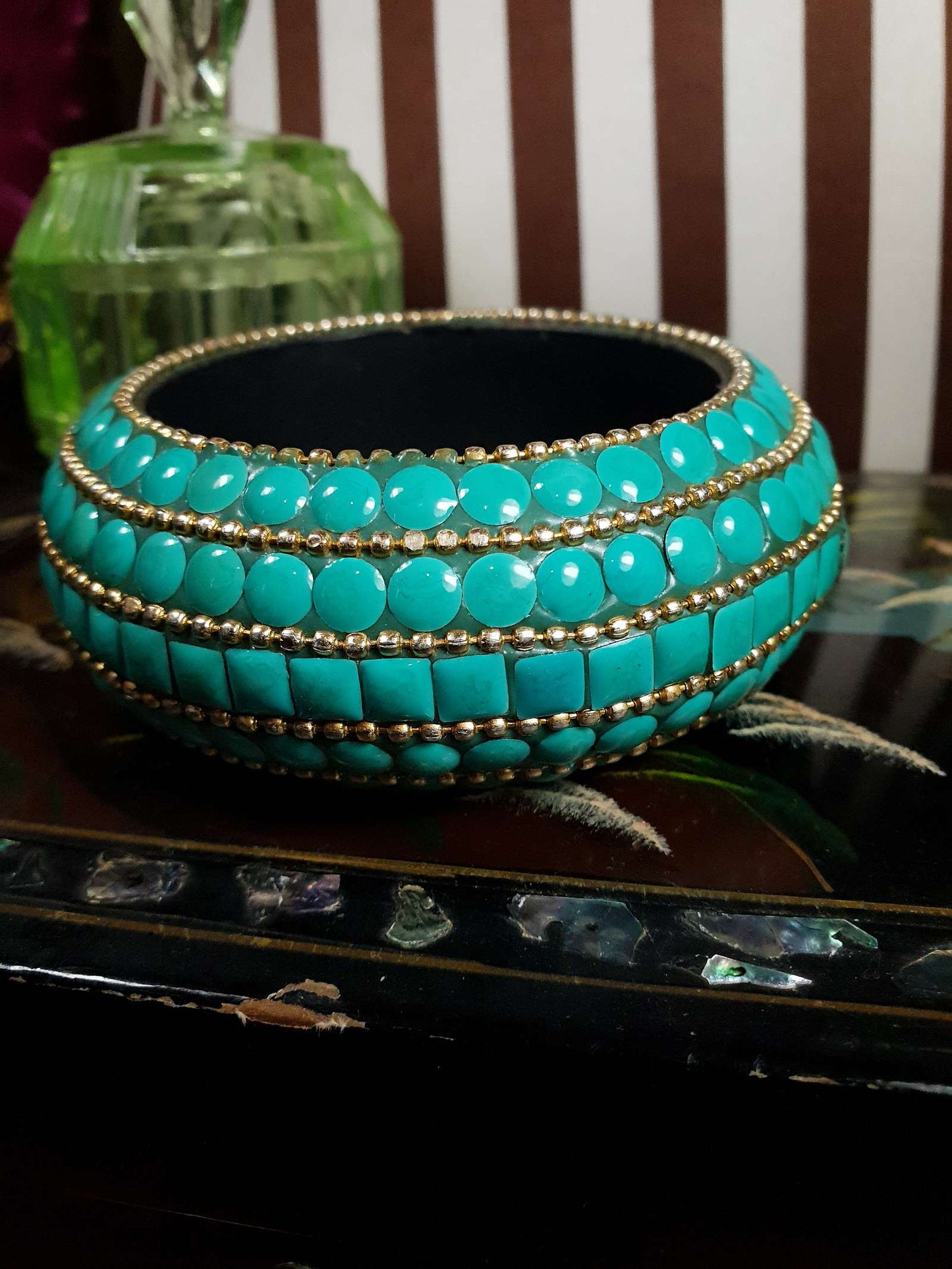 Vintage 1970s Boho Bangle Bracelet Turquoise Ceramic Bohemian