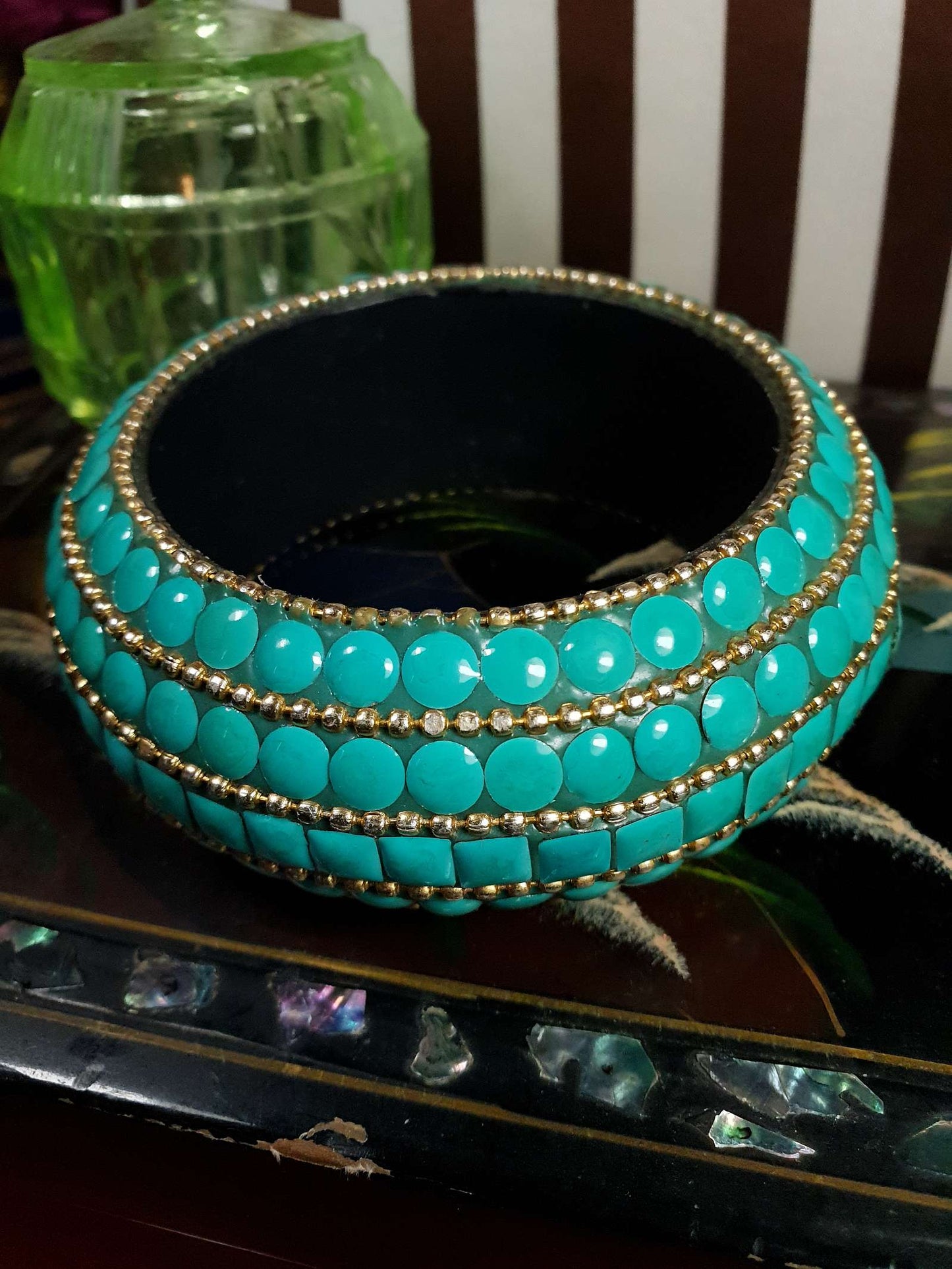 Vintage 1970s Boho Bangle Bracelet Turquoise Ceramic Bohemian