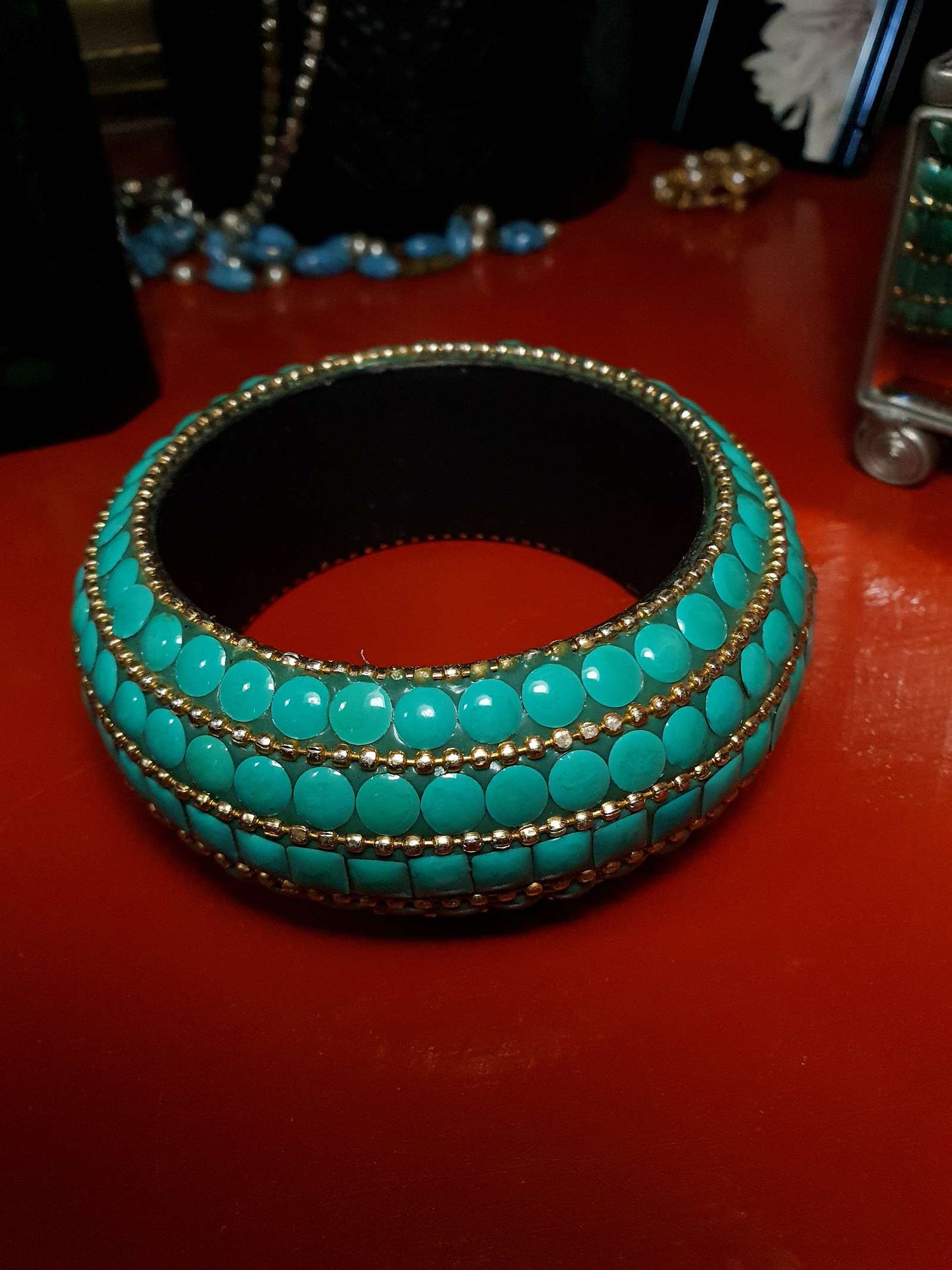 Vintage 1970s Boho Bangle Bracelet Turquoise Ceramic Bohemian