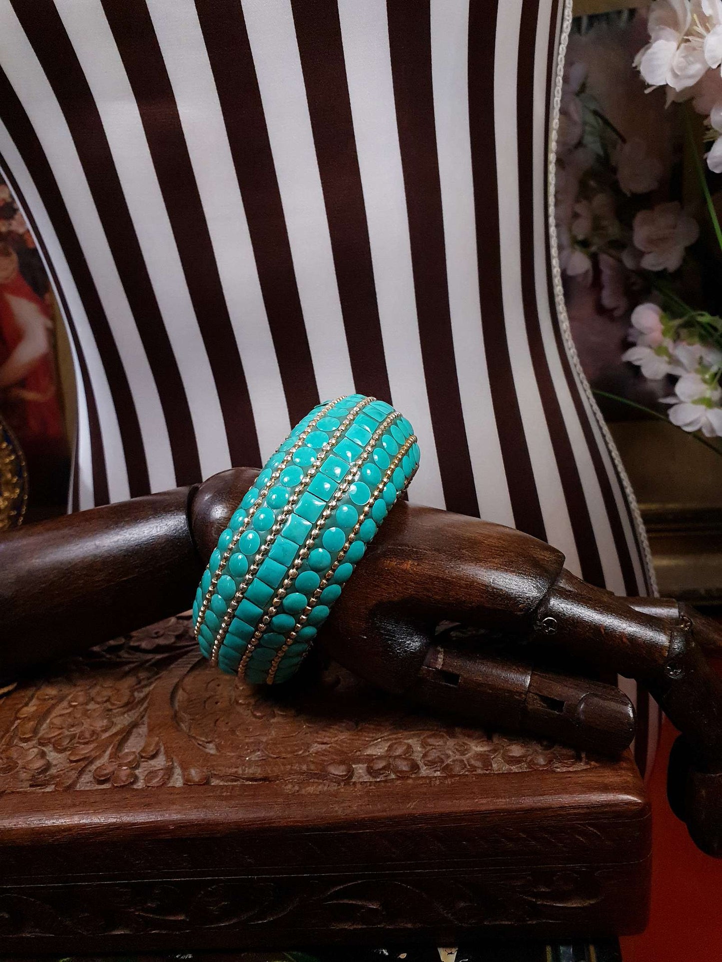 Vintage 1970s Boho Bangle Bracelet Turquoise Ceramic Bohemian