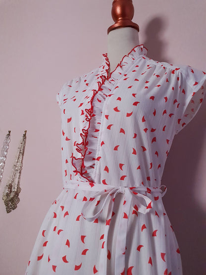 Pretty 70s White & Red Ruffle Retro Dress - Size 14