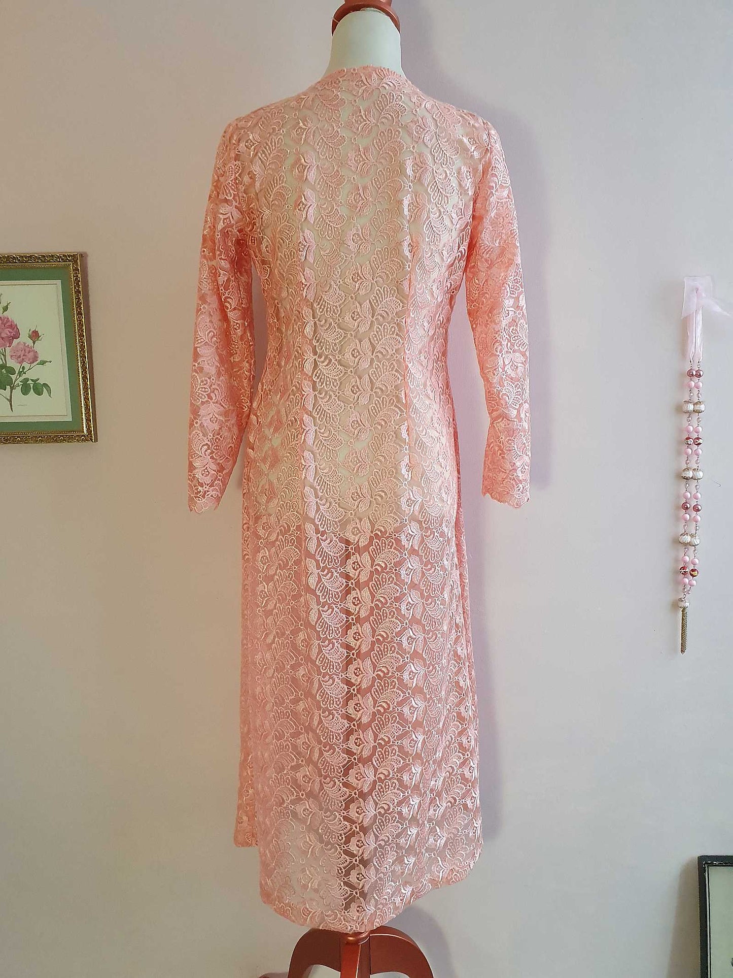 Vintage 1960s Peach Lace House Coat Dressing Gown Evening Retro - Size 12