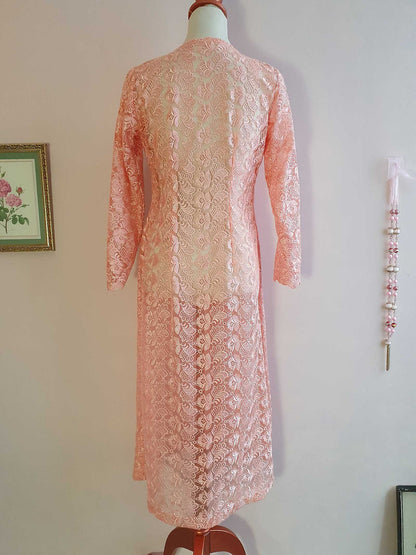 Vintage 1960s Peach Lace House Coat Dressing Gown Evening Retro - Size 12