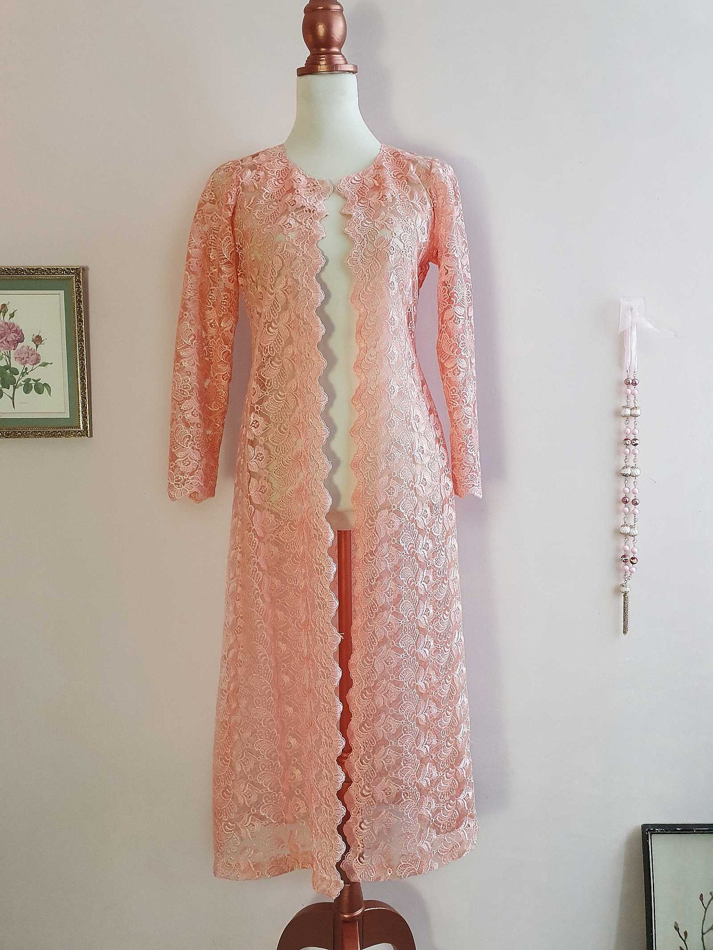 Vintage 1960s Peach Lace House Coat Dressing Gown Evening Retro - Size 12